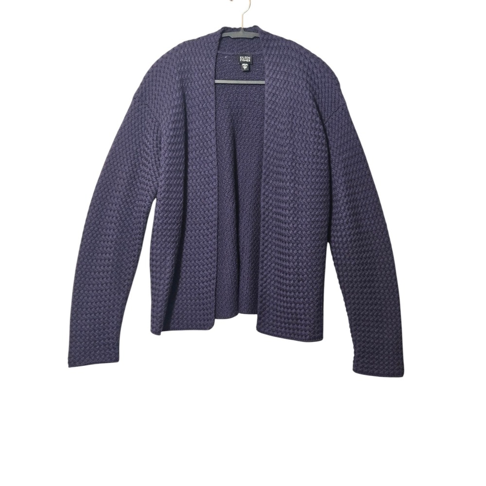 Eileen Fisher 100% Merino Wool Textured Open Front Cardigan Purple L Lagenlook